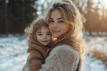 Obraz premium The first snow of the year brings a smile to the face of this happy smiling mother and little girl.