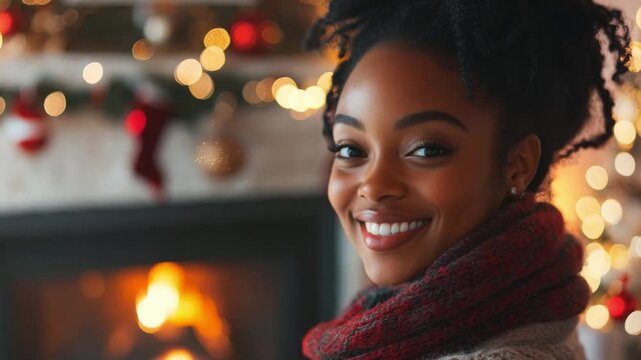 A joyful black woman smiling in a cozy living room adorned with Christmas decorations and a fireplace