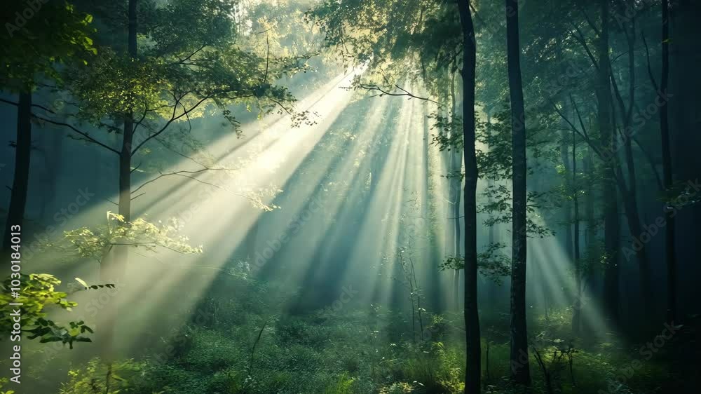 Poster sunlight streams through the trees in a dense forest