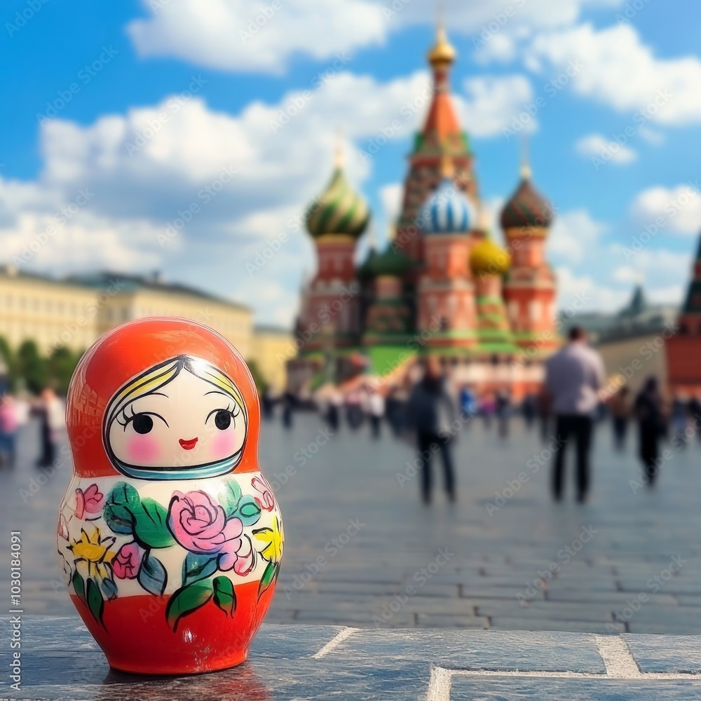 Wall mural Matryoshka Doll in Red Square, vibrant traditional nesting doll set against the iconic historic backdrop of Moscow's Red Square, showcasing cultural heritage and artistry.