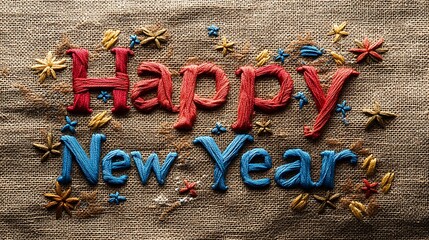 Happy New Year in hand-stitched letters, vibrant thread colors like red, gold, and blue, visible stitch patterns and slight fraying, surrounded by small embroidered stars and leaves,