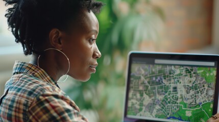 African American Woman Analyzing Cadastral Map for Real Estate Planning