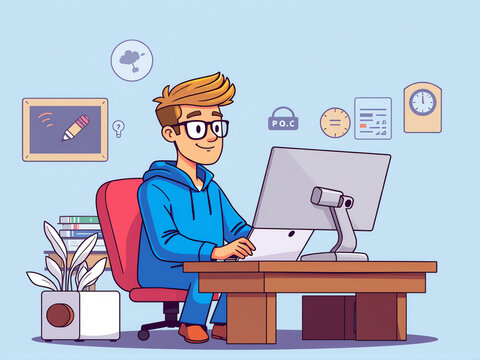 software engineer working on laptop, cartoon illustration