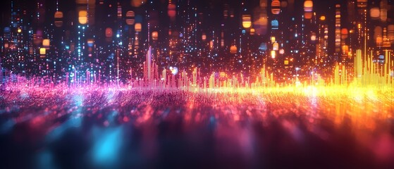 Fototapeta premium A digital city skyline composed of glowing lines and particles in vibrant hues of pink, blue, and orange.
