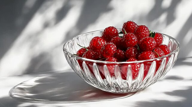 A bowl of ripe raspberries sits in the afternoon sun, casting shadows on a white table