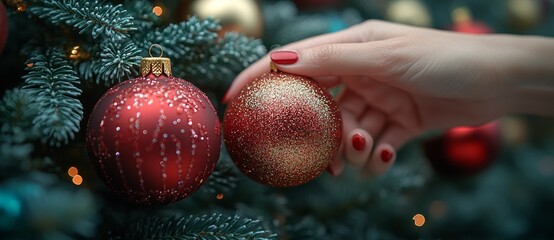 An image of hands decorating a Christmas tree with balls and baubles for the holiday season
