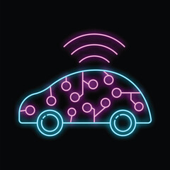 Neon icon of a smart car using a wireless network for communication and location is glowing on a black background