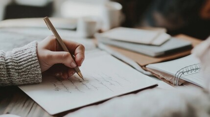 Minimalist white desk scene featuring a hand writing on paper with a neutral pen, surrounded by organized note-taking tools, evoking a sense of productivity and creativity.