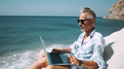 Man Working on Laptop by the Sea Beach Office Digital Nomad Remote Work Summer Vacation