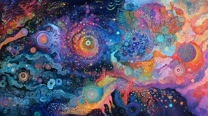 Visionary exploration of astral planes where spiritual energies merge with cosmic patterns in a luminous dream world