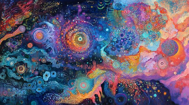 Visionary exploration of astral planes where spiritual energies merge with cosmic patterns in a luminous dream world