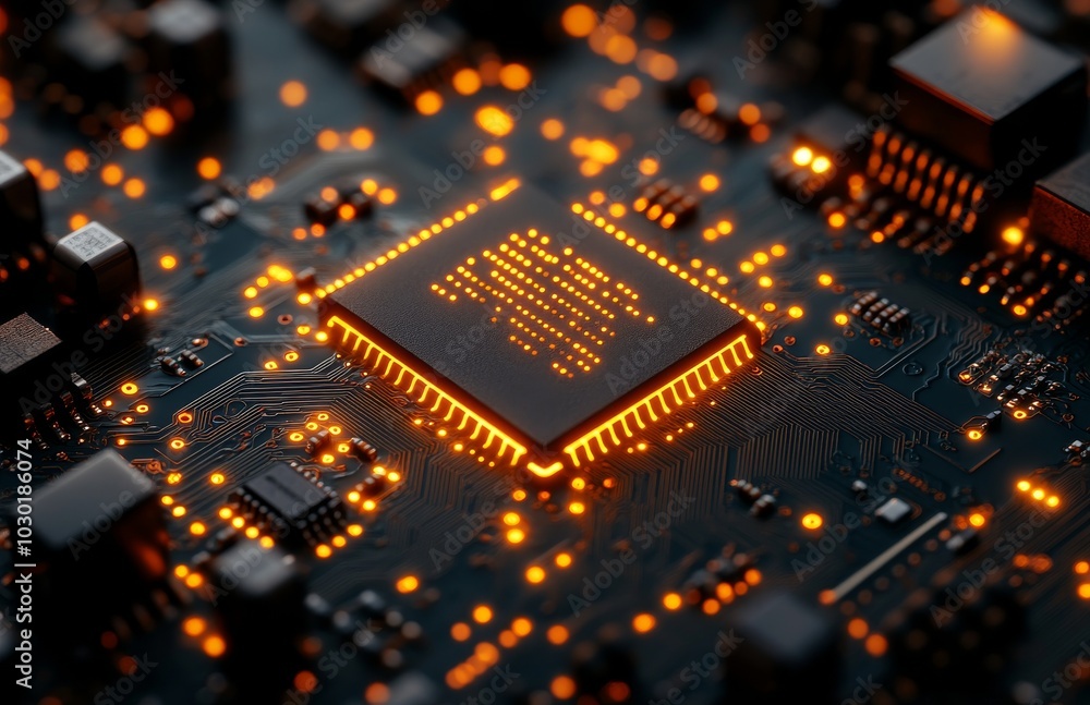 Poster on the motherboard there is a neon light with an image of the central computer processor