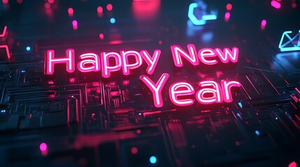 Happy New Year in sleek, digital chrome text, illuminated by neon lights in vivid colors like cyan, magenta, and violet, glowing circuits and abstract shapes in the background,