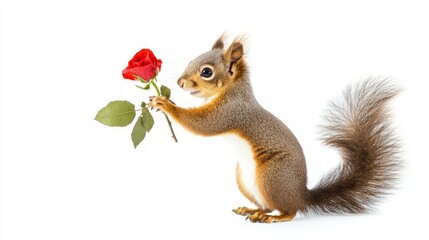Obraz premium Squirrel Delicately Cradling a Rose, A charming scene of a small squirrel gently holding a vibrant rose, set against a clean, white backdrop, showcasing nature's beauty and innocence.
