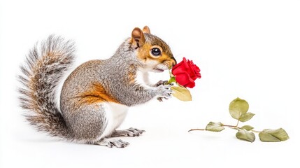 Obraz premium Squirrel Embracing a Rose, A charming squirrel tenderly cradles a vibrant rose, showcasing a whimsical blend of nature's beauty against a pure white backdrop.