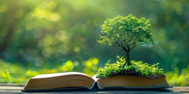 A tree growing from an open book, symbolizing knowledge, growth, and the connection between nature and learning