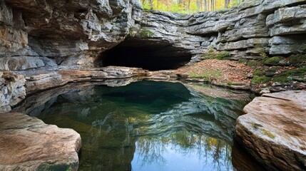 Fototapeta premium A small pond with clear water sits at the mouth of a cave opening in a rocky, forested area.