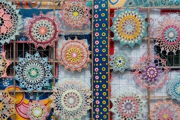 Crochet mandalas on a fence create a vibrant artistic display, enhancing the urban street art scene © Wirestock