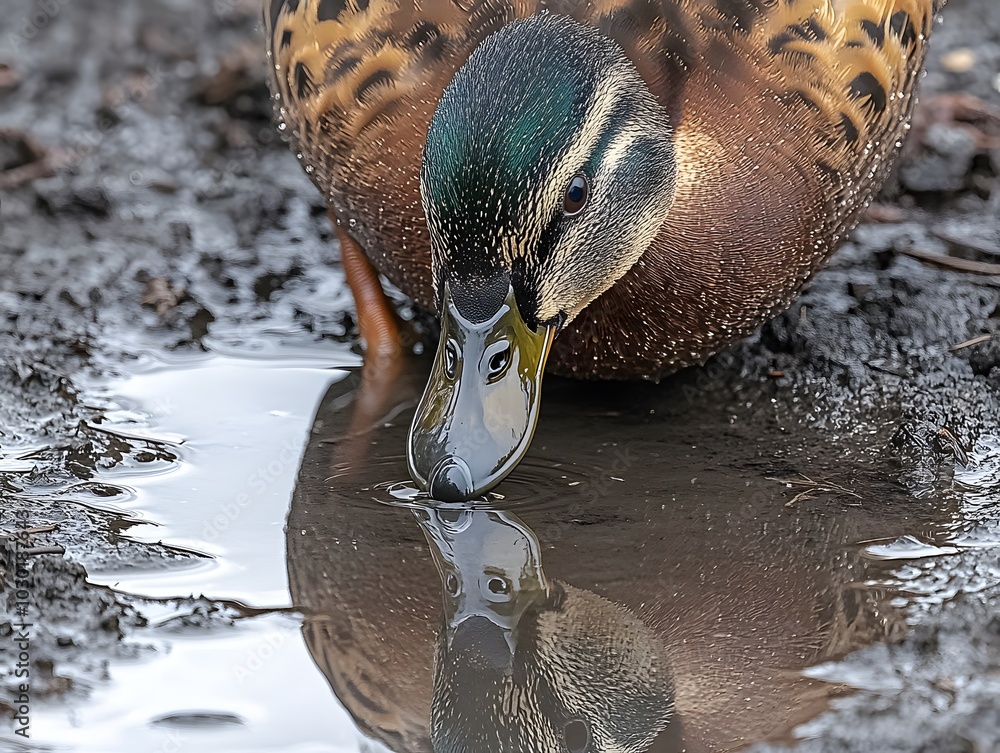 Poster a close-up of a duck drinking from a puddle, showcasing its reflection in the water.