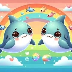 Obraz premium illustration of two cute baby sharks on colorful background.