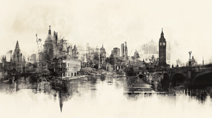 Fototapeta premium panoramic view of america skyscraper buildings american architecture nyc usa united satates ruban city view watercolor artistic illustration modern first world land marks digital painting liberty