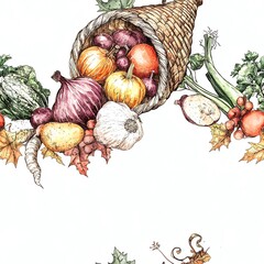 Soft watercolor cornucopia with harvest vegetables frame