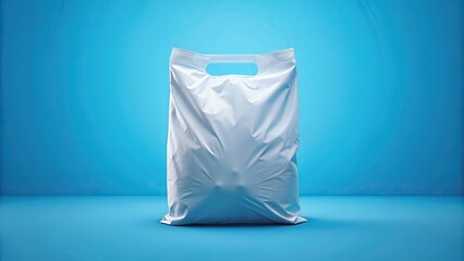 Mockup of glossy white soft plastic bag isolated on blue background