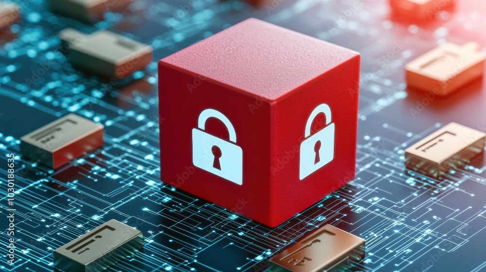 Poster red security box on digital circuit background