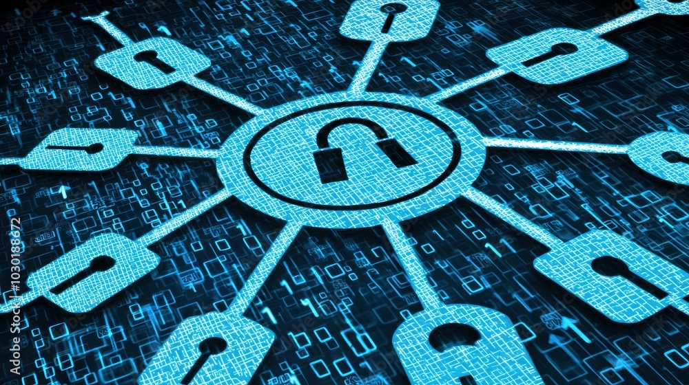 Poster digital security concept with lock symbols and data patterns