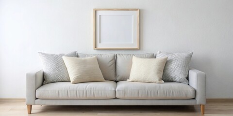 mockup of picture frame on sofa with pillows