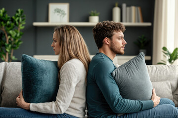 Young couple ignoring each other while sitting back to back on sofa after quarrel at home