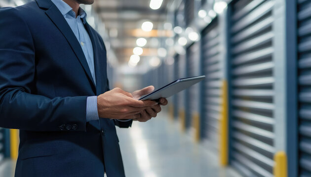 Manager using digital tablet for checking stock in warehouse