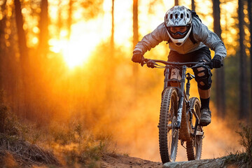 Naklejka premium Cyclist riding enduro bike on mountain trail