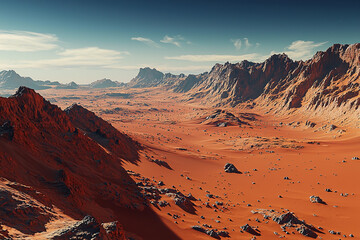 Expansive red landscape under a clear sky in an alien environment