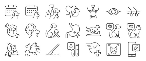 Pet hospital icon set. It included veterinarians, vets, clinics, services, exotic pets, and more icons. Editable Vector Stroke.
