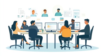 Employees participating in a virtual meeting from their desks