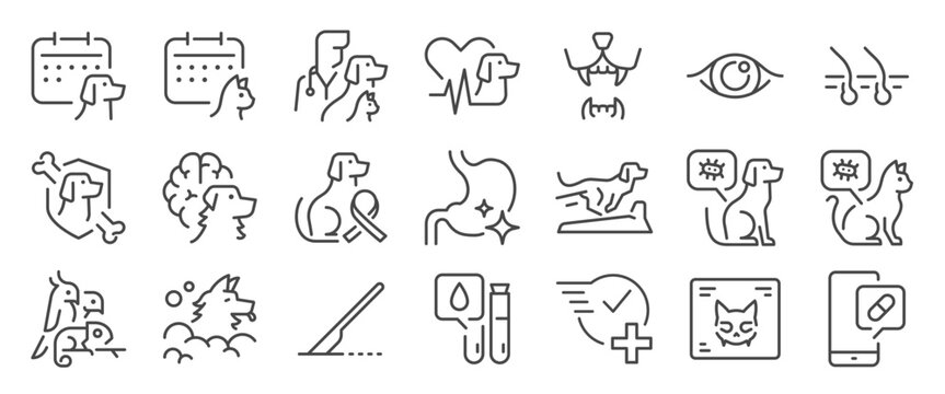 Pet hospital icon set. It included veterinarians, vets, clinics, services, exotic pets, and more icons. Editable Vector Stroke.

