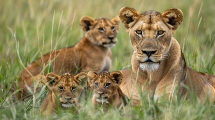 Lioness and Cubs in the Grass