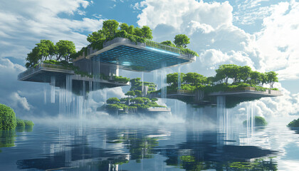 Fototapeta premium A futuristic landscape where islands covered with lush greenery float in the sky, held aloft by solar-powered platforms