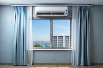 Fototapeta premium Modern air conditioner mounted on gray wall beside window with blue curtains, panoramic view