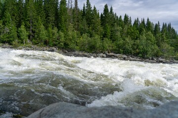 Scenic view of a river flowing through a green landscape in Taennforsen, Sweden on a cloudy day