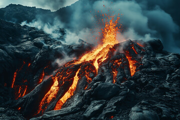 Iceland, volcano erupting in the distance, lava pouring down from mountain side, smoke and ash floating up into sky, red glow of hot lava on ground