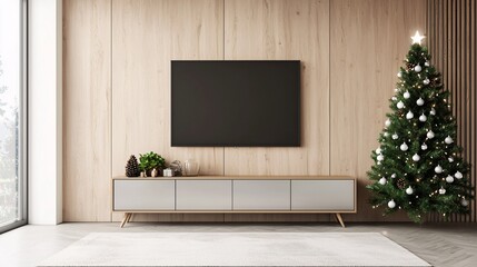 Modern living room design with christmas tree and minimalist aesthetics for holiday decor inspiration