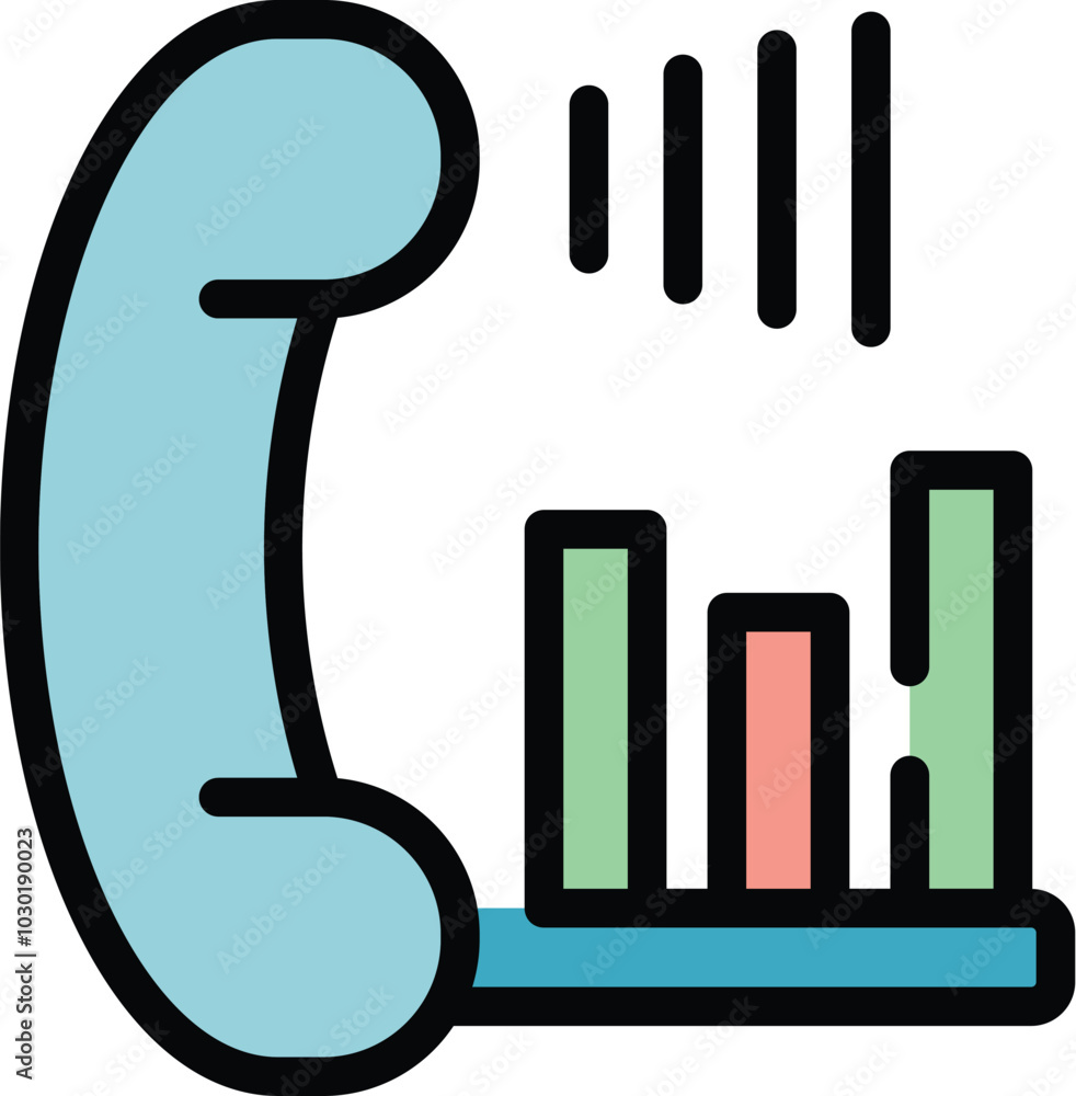 Poster colorful icon of a phone showing a growing bars graph with sound waves, representing a successful sa