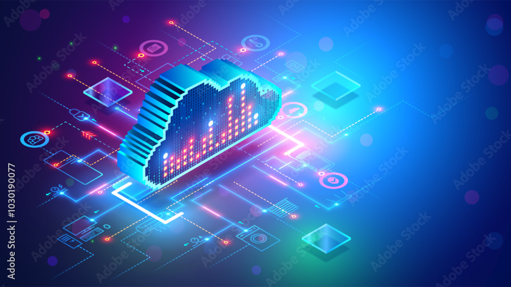 Wall mural Cloud data storage for the Internet of Things smart home system. The cloud storage is synchronized with the smart home system. Isometric concept of IOT of smart home. IOT icons of devices connection.