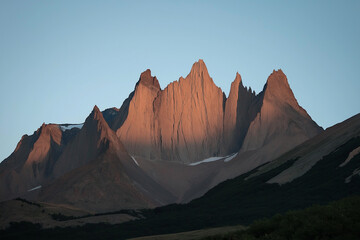 Naklejka premium Photograph of the peaks in Torres del Paine National Park, Chile at sunrise. Beautiful mountains with sharp granite cliffs
