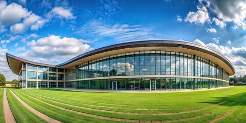 Fototapeta premium Modern architecture building with curved roof and windows, panoramic view
