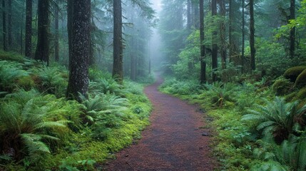 A winding path through a misty, green forest with tall trees and ferns on either side.