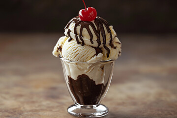Classic ice cream sundae with chocolate sauce and cherry on top