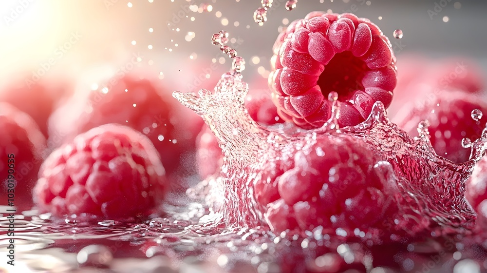 Aufkleber close-up of raspberries splashing in water, creating a vibrant and refreshing image.